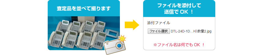 査定品を並べて撮ります ファイルを添付して送信でOK！※ファイル名は何でもOK！
