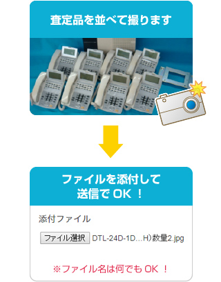 査定品を並べて撮ります ファイルを添付して送信でOK！※ファイル名は何でもOK！